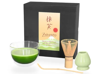 Produktbild von Matcha Set / Matchaset / Matcha Schale 400ml aus doppelwandigem Thermo-Glas mit Besen/Löffel und Halter in Geschenkbox