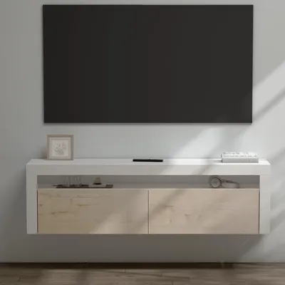 Image de doporro Meuble TV Bas 160x40x46cm Armoire TV Blanc Mat + Chêne Clair Table de Télévision Salon avec 2 Portes Meuble TV Suspendu Fernsehschrank01