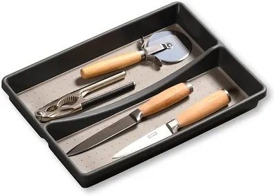 Produktbild von PolkaHome® Besteckkasten für Schublade – Besteckorganizer mit 2 Fächern, Kunststoff (PP), 32,5 x 23 x 4,5 cm, Grau