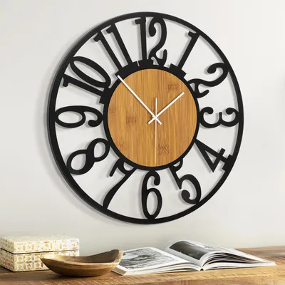 Wanduhr 35,5 cm, Holz/Metall, schwarz, arabische Ziffern, leise