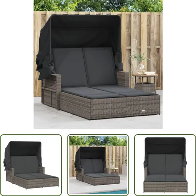 Produktbild von The Living Store Doppel-Sonnenliege mit Dach und Auflagen Grau Poly Rattan
