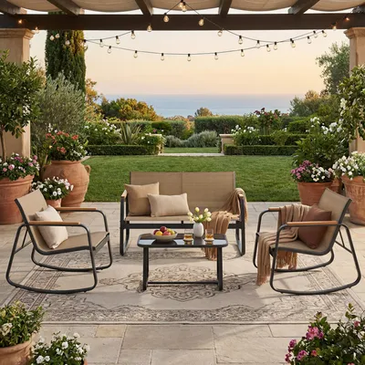 Produktbild von SONGMICS Gartenmöbel-Set, Balkonmöbel, 2 Schaukelstühle mit Tisch, Bank, Stahl, mit Armlehnen, atmungsaktiv, braun