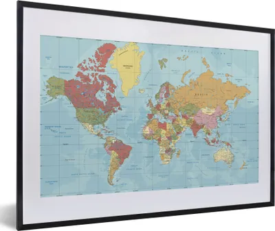 Produktbild von MuchoWow® MuchoWow® Gerahmtes Poster Karte - Welt - Farben 60x40 cm - Poster mit zchwarzem Bilderrahmen - Schlafzimmer - Plakat in Rahmen - Drucken