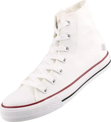 A white high-top sneaker with red and black accents on the sole.