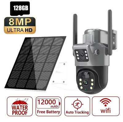 Image de Solarkamera - Caméra de surveillance PTZ 4K 8 MP avec double objectif - Wi-Fi 5G - Détection de mouvement par infrarouge (PIR) - Suivi des personnes - Rotation à 270° - Étanchéité IP66 - Carte TF 128 Go
