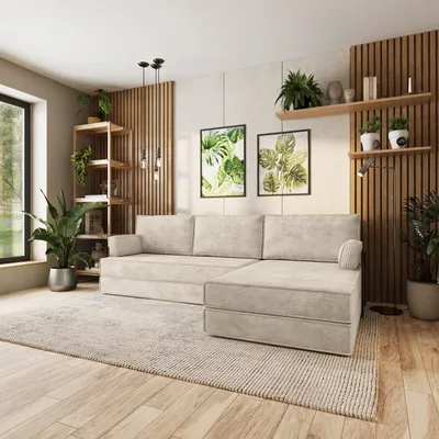 Produktbild von Masseno Ecksofa ANKO mit Metallgestell, Modulares Schlafsofa aus Schaumstoff, Klappbares Bodensofa, Schlaffunktion - Creme, POSO 100