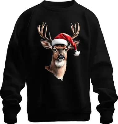 Produktbild von Rentier Hirsch Geweih Santa Hut Weihnachten Geschenk Vintage Uni Sweatshirt Pullover, Schwarz, 3XL