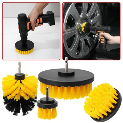 Produktbild von 4er Reinigungsbürsten-Set für Akkuschrauber & Bohrmaschine, gelb/schwarz, Drill Brush Reinigungskit ideal für Küche, Bad, Felgen, Auto
