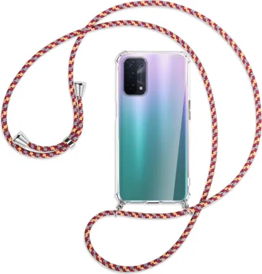 Produktbild von Handykette Backcover-Schutzhülle mit Band (Metall silberfarben) für Oppo A54 5G / A74 5G (CPH2197) - weinrot/gelb/grau