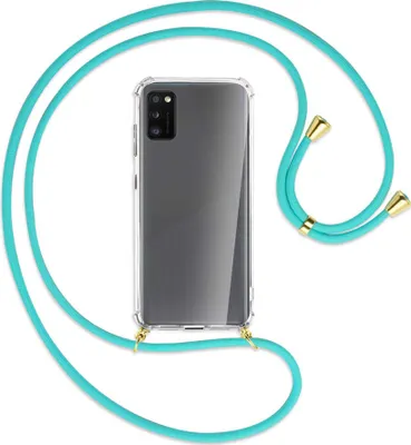 Produktbild von Handykette Backcover-Schutzhülle mit Band (Metall goldfarben) für Samsung Galaxy A41 (A415) - türkis