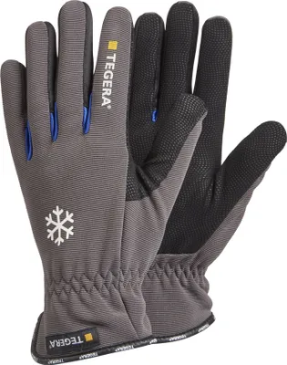 A pair of gray work gloves with black grip on the fingers and palm, and blue accents on the cuff.