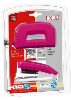 Produktbild von Novus Twinset Heftgerät E15/ Locher E 210 fresh pink/grau, im Blister