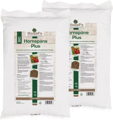 Produktbild von HaGaFe Hornspäne Plus, mit pflanzlichem Dünger, 2 x 15kg, idealer Gemüsedünger, Gartendünger, organischer Dünger, Universaldünger