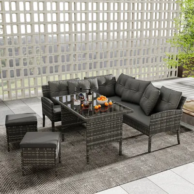 Obrázok produktu pre Flieks ratanový záhradný nábytok set 7 osôb, terasový nábytok balkónový nábytok set 4-dielny s vankúšmi, záhradný lounge set záhradný nábytok záhradný set sedacia súprava, sivá
