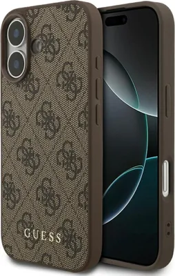A brown phone case with a repeating GUESS logo pattern is shown next to a smartphone.