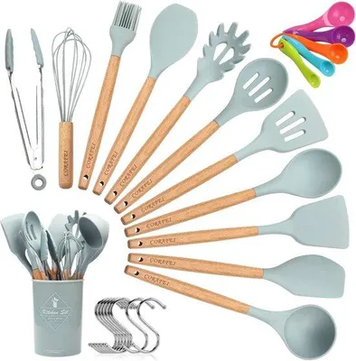 Produktbild von Silikon-Hitzebeständige Küchenhelfer, 27 Stück, Küchenutensilien, Holzgriff, Aufbewahrungsbehälter, Maßlöffelset, 10 S Haken
