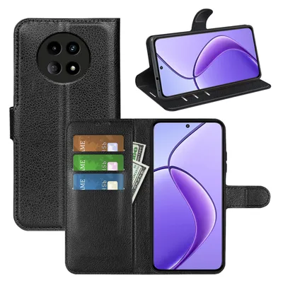A black leather flip case for a smartphone, shown in multiple views, including open with cards and cash inserted, and closed.