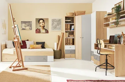 Produktbild von Jugendzimmer Set in Eiche mit weiß und grau PINETO-133, 6-teilig, inkl. 120x200cm Bett
