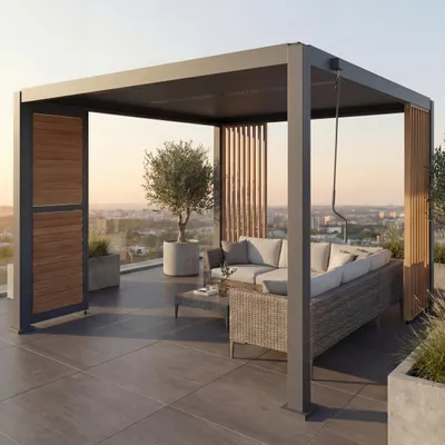 Produktbild von Pergola MCW-P65 mit 1x Lamellenwand und 2x Seitenwand, Lamellen-Pavillon, 10cm-Alu-Gestell 3x3m Holzoptik  anthrazit