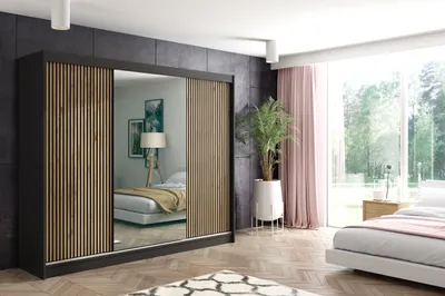 Produktbild von ALTDECOR Kleiderschrank mit Spiegel und Lamel-Schiebetüren, kugelgelagerte Führungsschienen und Aluminium-Leisten - VILO - 250 cm - Schwarz/Lamelle Eiche Wotan