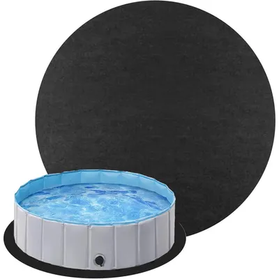 A round black pool cover is shown behind a small, round, above-ground swimming pool filled with blue water.