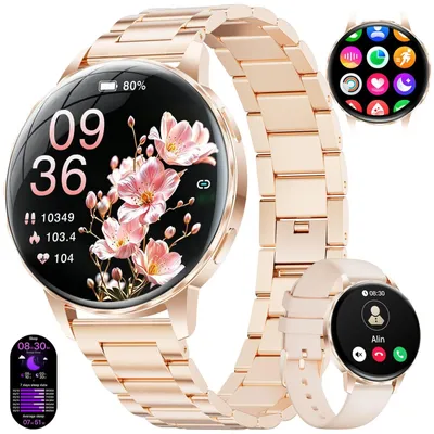 Immagine prodotto di Smartwatch da donna, orologio rotondo con funzione telefono, monitoraggio della frequenza cardiaca, della pressione sanguigna e del sonno, misurazione della saturazione di ossigeno (SpO2), 110 modalità sportive, resistente all'acqua (IP68), orologio sportivo compatibile con iOS, colore oro