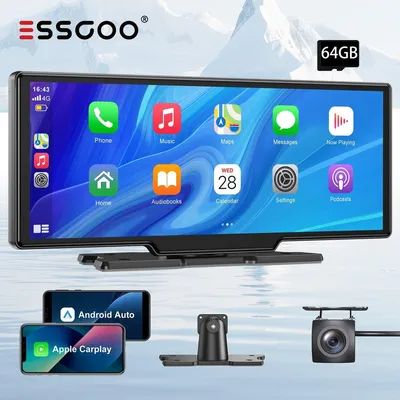 Zdjęcie produktu dla Lusterko wsteczne z monitorem, kamera samochodowa (dashcam), 10.26 cala, Android, Apple CarPlay, kamera przednia 4K, kamera tylna 1080P, podwójny kanał, 64GB, ekran dotykowy z funkcją nocną