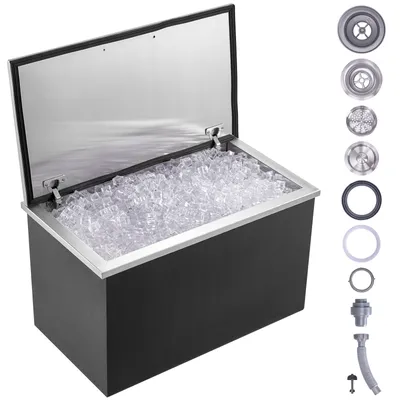Zdjęcie produktu dla Pojemnik na lód VEVOR, 24 l, ze stali nierdzewnej, 610 x 508 x 382 mm Komercyjny pojemnik na lód z pokrywą na zawiasach, wbudowany schowek na lód, rura spustowa i korek spustowy w zestawie
