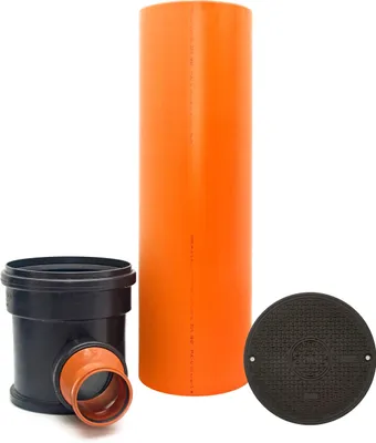 A set of plumbing components including a large orange pipe, a black T-junction pipe fitting with an orange inner pipe, and a black circular cover.