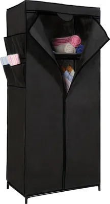 A black fabric wardrobe with its doors partially open, showing folded towels on a shelf and clothes on hangers inside. It has side pockets on the left.