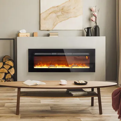 Produktbild von Elektrokamin Wandmontage mit Fernbedienung, Wandkamin elektrisch, Holzscheite & Kristalle, Schwarz | 127 x 45 cm | 1800 W | Wandhalterung