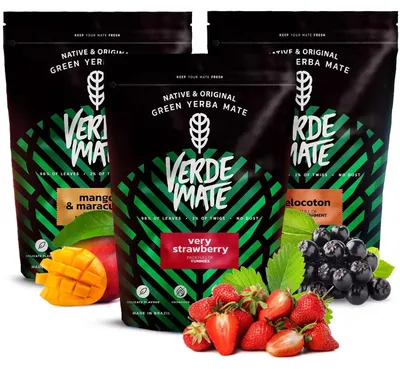 Produktbild von Verde Mate - Mate Tee Set Very Strawberry, Melocoton, Mango Maracuya 3x500g - Dicke Blätter 5mm - mit Erdbeere, Aronia, Mango - Brasilien