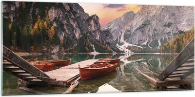 Produktbild von Bilder auf glas - Einteilig - Boote Berge See - 120x50cm - Glasbilder - Wandbilder - Bilder - zum Aufhängen bereit - Wanddekoration aus Glas - Glas Bilder - Wandbild auf Glas - GAB120x50-4638