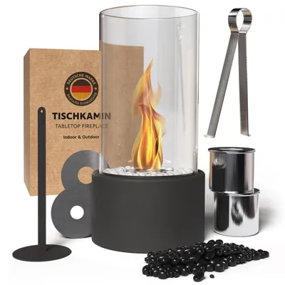 Produktbild von Monster24 Bioethanol Tischkamin Rund – Indoor & Outdoor Tischfeuer – 4h Brenndauer – Verstellbare Flamme – 31x16x16 cm – 2 Flammenringen & Deko-Steine