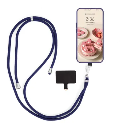 A dark blue lanyard with a phone case and a small black accessory is displayed on a white background.