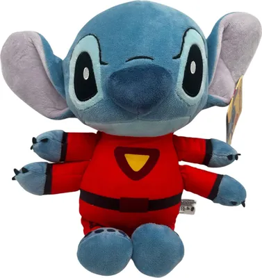 A plush toy of the character Stitch from Disney's Lilo & Stitch, wearing a red costume with a yellow triangle emblem.
