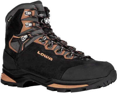 A single black and brown hiking boot is shown against a white background.