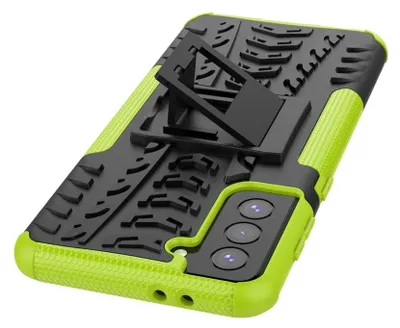 A phone case with a kickstand is shown on a white background.