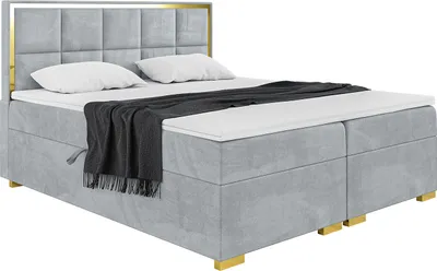 Produktbild von MEBLINI Boxspringbett mit Bettkasten - Gepolstert Doppelbett mit Matratze und Topper - Polsterbett mit Stauraum - Bett mit Kopfteil - Dani Gold - 180x200 - H3/Hellgrau Samt