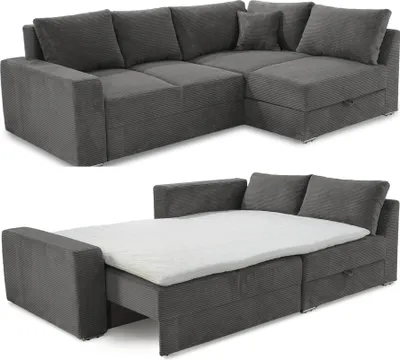 Produktbild von Ecksofa-Dauerschläfer Federkern Topper Bettkasten Schlafcouch Cord Dunkelgrau / 15233