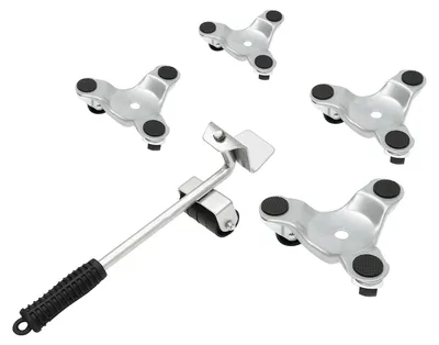 Image de Kit de transport de meubles - Jeu de 4 roulettes pour meubles - Roues universelles pivotantes à 360° - Avec levier et patins antidérapants - Capacité de charge : 200 kg - Acier au carbone et polypropylène - Argenté