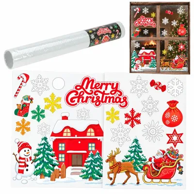 Zdjęcie produktu dla Naklejki na okno świąteczne 50x35 2 arkusze czerwony dom Mikołaj bałwan dekoracja szyby witryny Merry Christmas