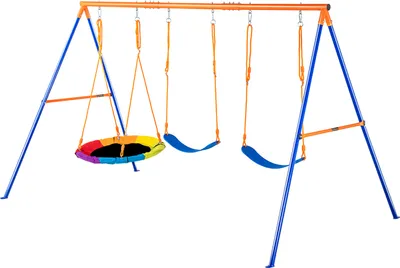 Produktbild von SucceBuy A-Frame Swing Set, 600lbs Kapazität, 1 Untertasse & 2 Gürtel Schaukeln, Metall-Ständer, verstellbare Seil für Hinterhof