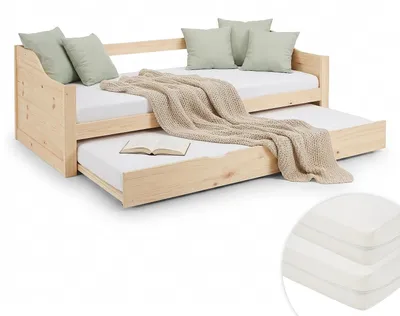 Obrázek produktu pro Holzbett 90x200 cm mit 2 Matratzen Tagesbett Ausziehbett Jugendbett Kinderbett Natur Kojenbett Gästebett Funktionsbett