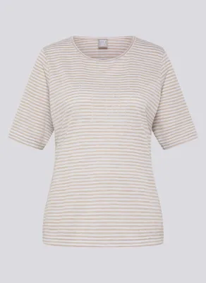 Produktbild von T-Shirt aus Viskosemischung, Beige, Größe 46, mit Rundhalsausschnitt, kurzen Ärmeln und Strass-Schriftzug