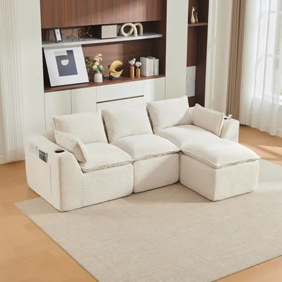Produktbild von okwish Dreisitzer Ecksofa mit einer Fußhocker und Kissen, Wohnzimmersofa mit Getränkehalter und Seitentaschen, Modulares Sofa,Cord, Beige