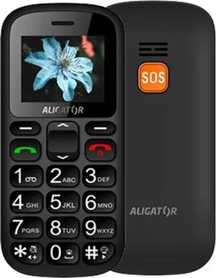 A black Aligator A321 Senior mobile phone is shown from the front and back.