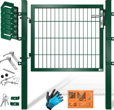 A green metal garden gate with its accessories, including posts, hinges, a lock, keys, and gloves, laid out on a white background.