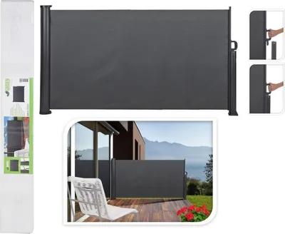 A collage of images showing a retractable privacy screen, its packaging, and an example of its use on a patio.