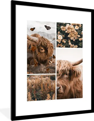 Produktbild von MuchoWow® Gerahmtes Poster Schottischer Hochländer - Schmetterling - Blumen 60x80 cm - Poster mit Schwarzem Bilderrahmen Wandposter Rahmen Foto Bilder - Wohnzimmer - Dekorationen - Prämie